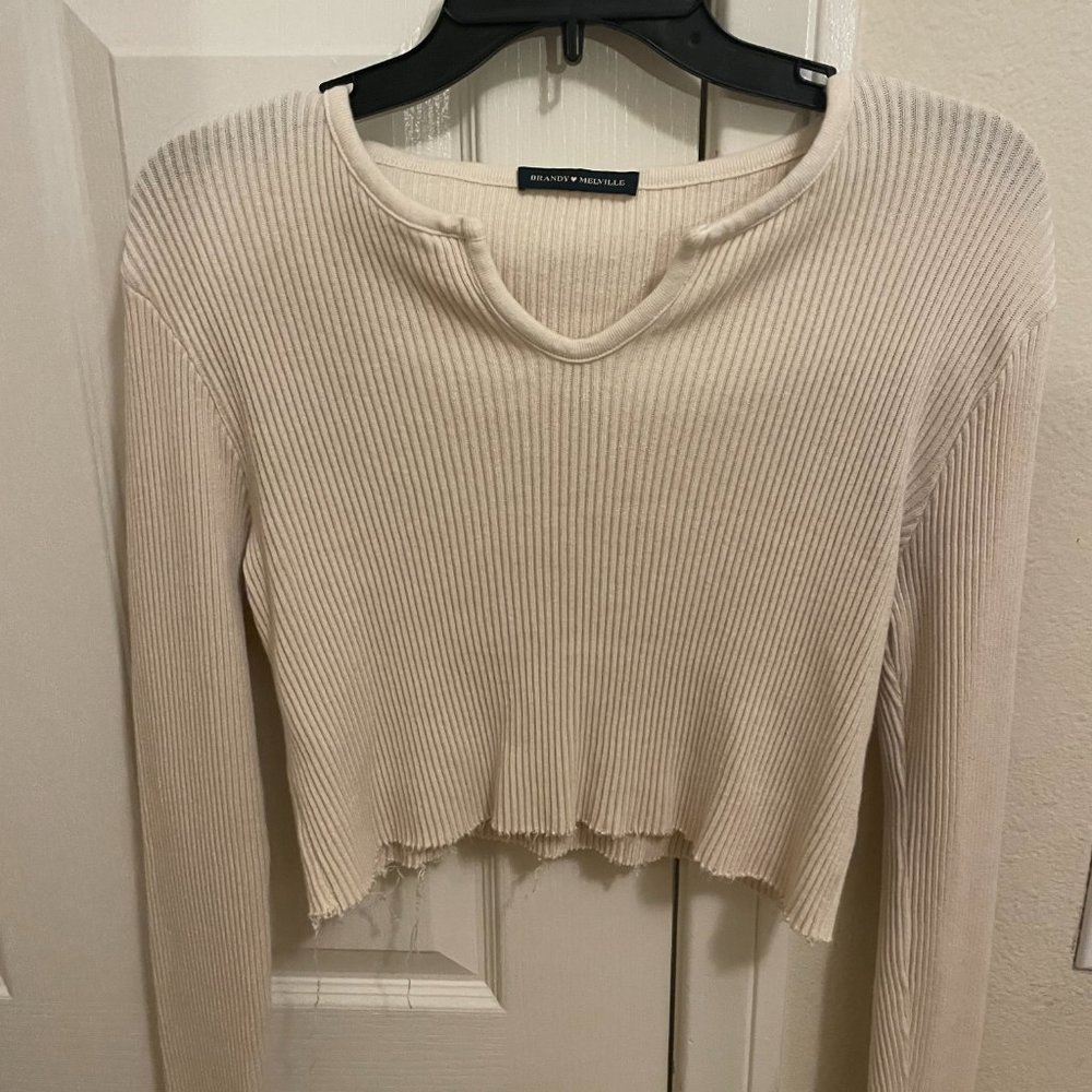 Brandy Melville Cream Paige Notched Long Sleeve Top - One Size